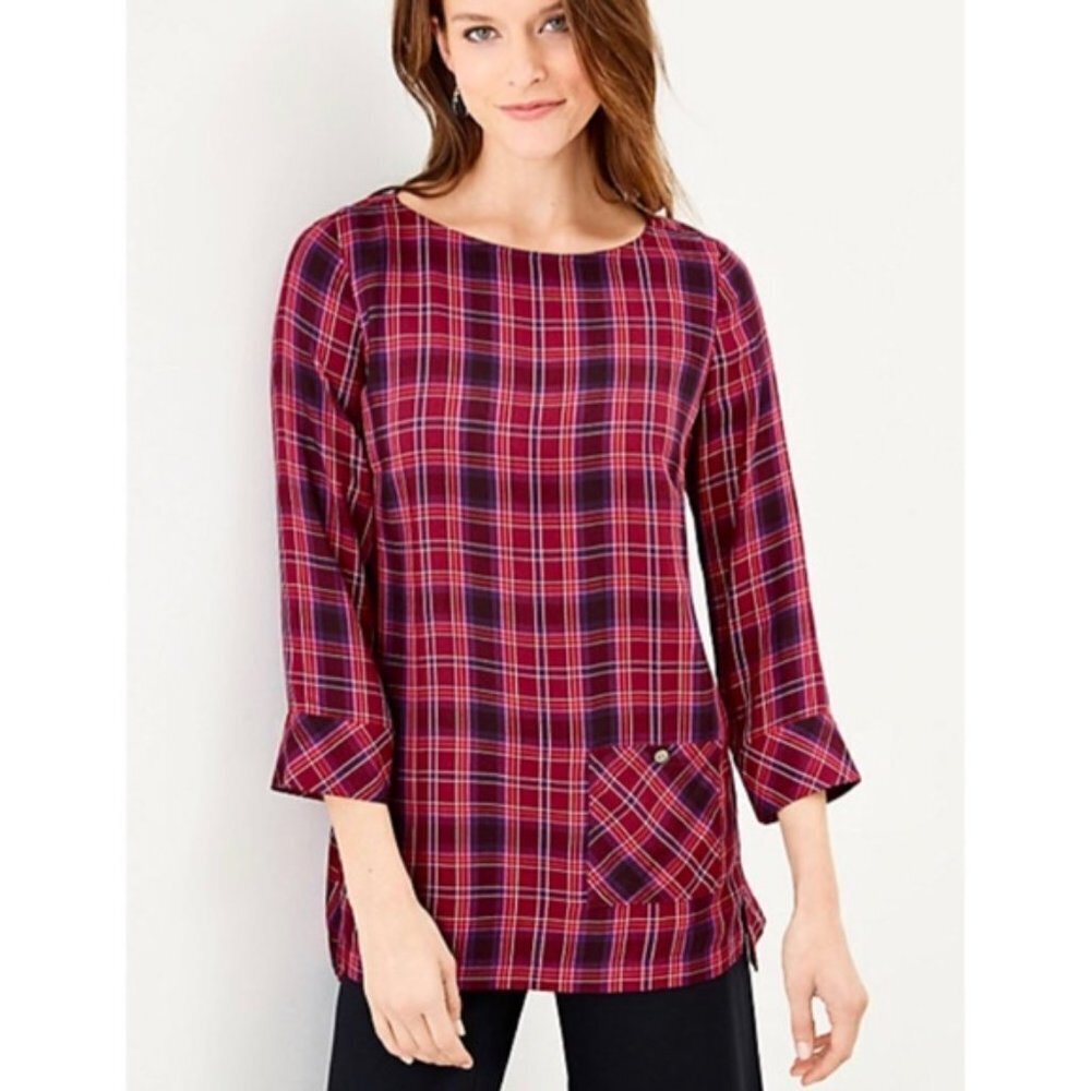 J. Jill Red Plaid Tartan Boat Neck Blouse Size M Petite